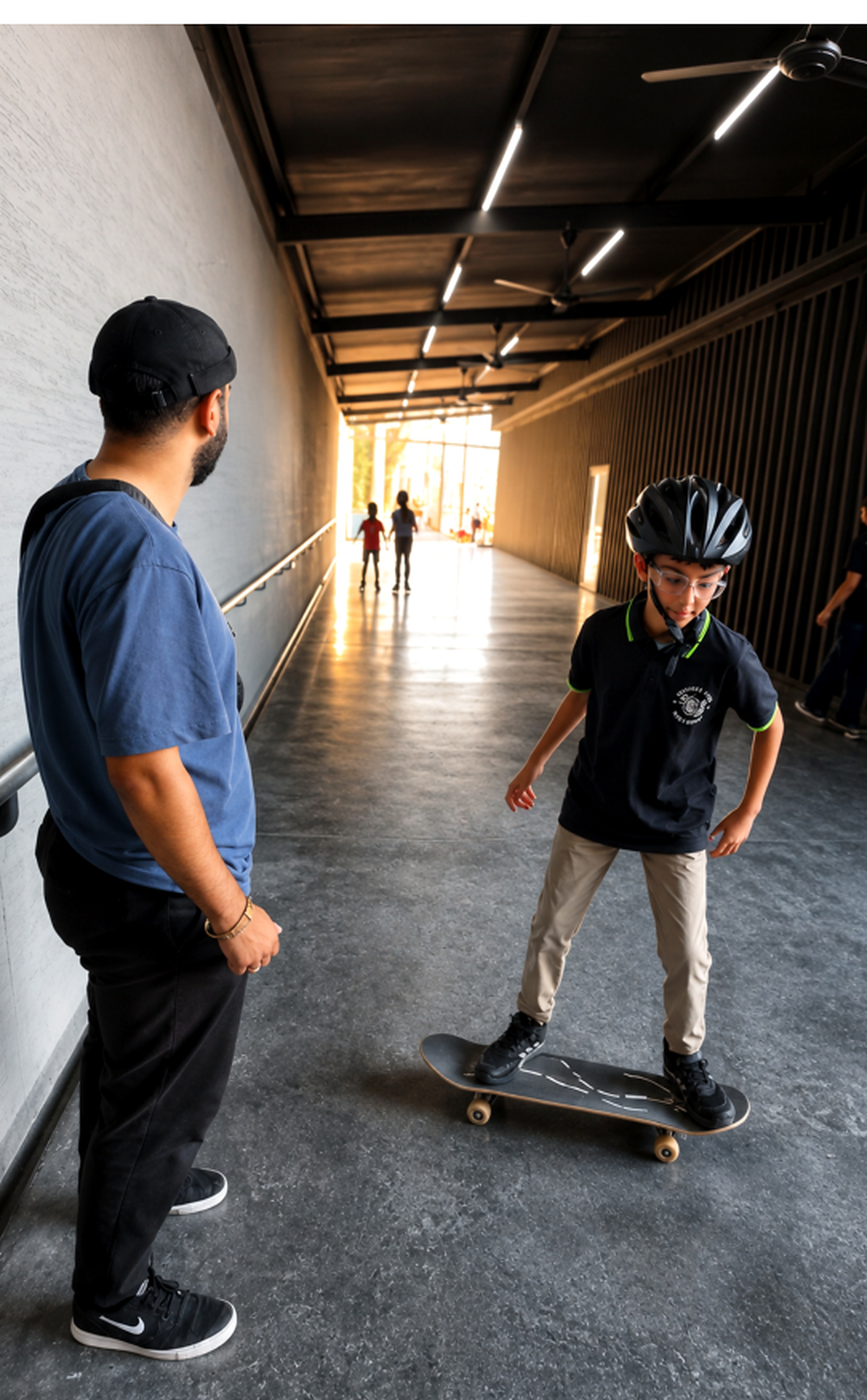 A young participant learning to skateboard at Trax